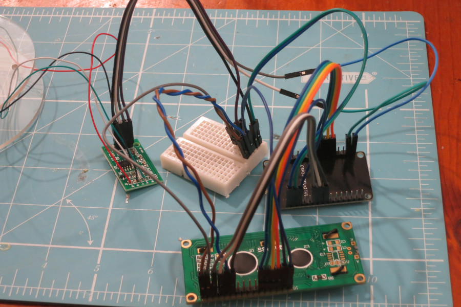 The ESP32, LCD and load cell wired up