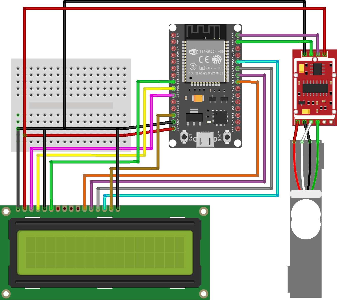 Fritzing diagram of ESP32 connected to LCD and load cell