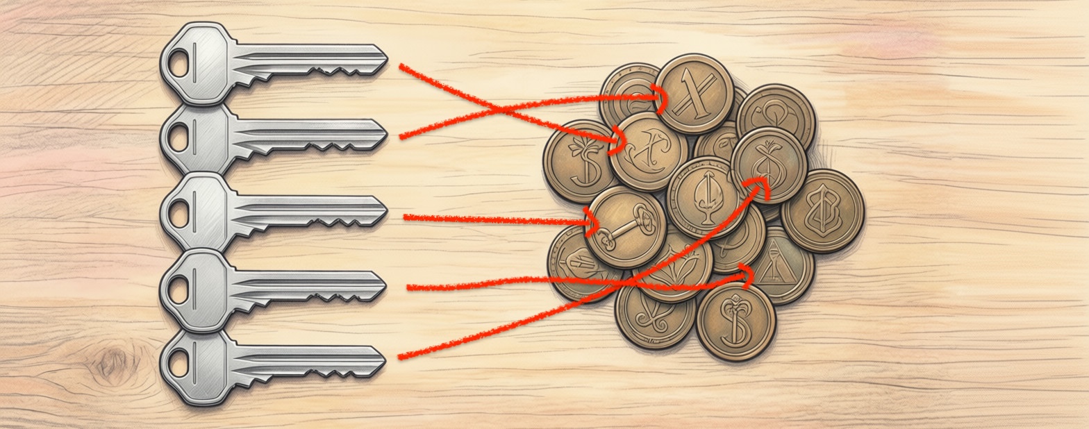 Drawing of a table surface. On the left are five keys neatly organised vertically. On the right is a pile of ~15 bronze tokens, each with a unique design.