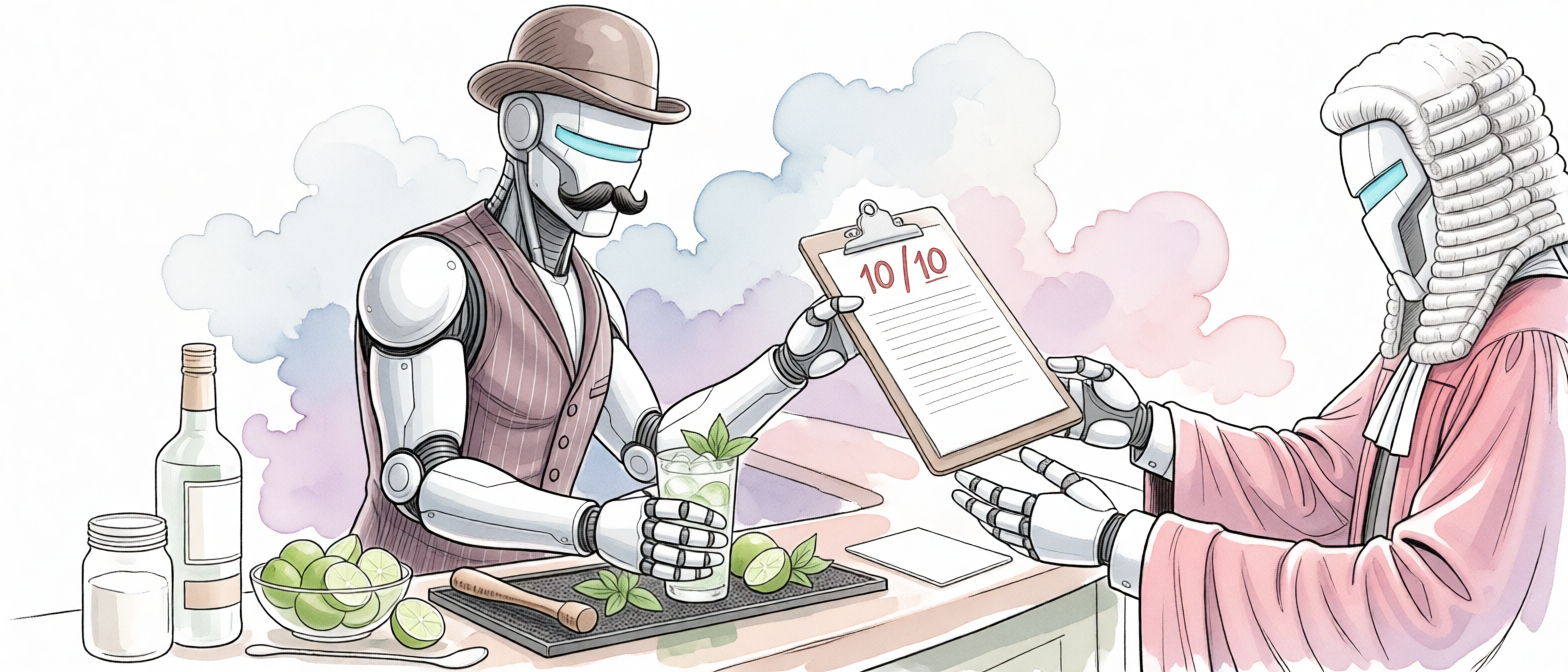 An android in a bartender's outfit hands a clipboard across the bar to an android wearing a judge's wig. The score box on the clipboard is already filled in.