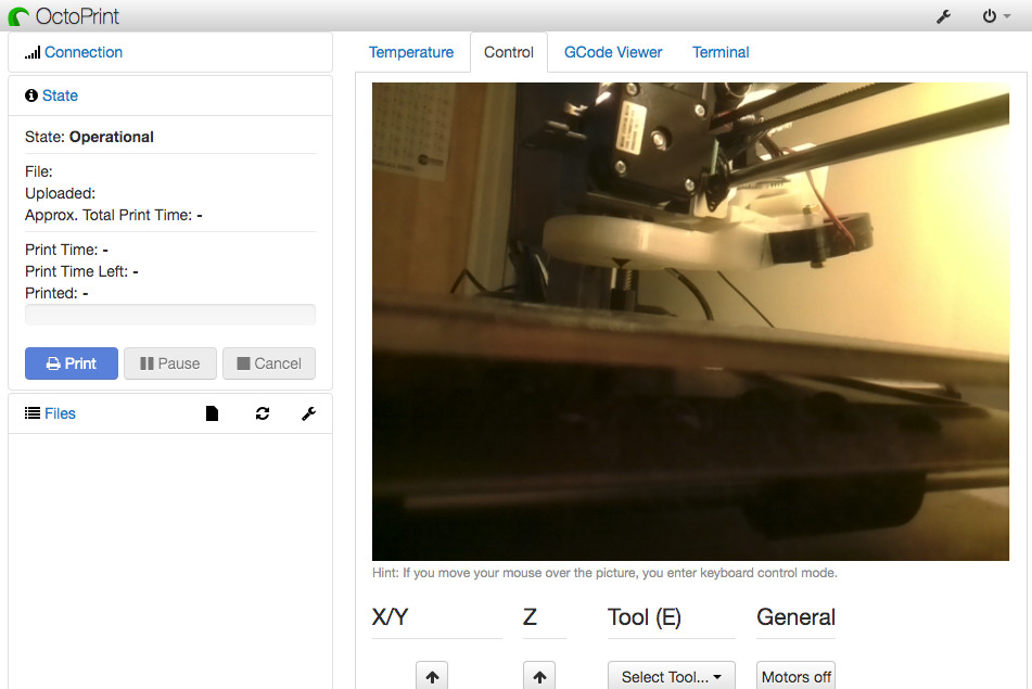 The Octoprint web UI dashboard