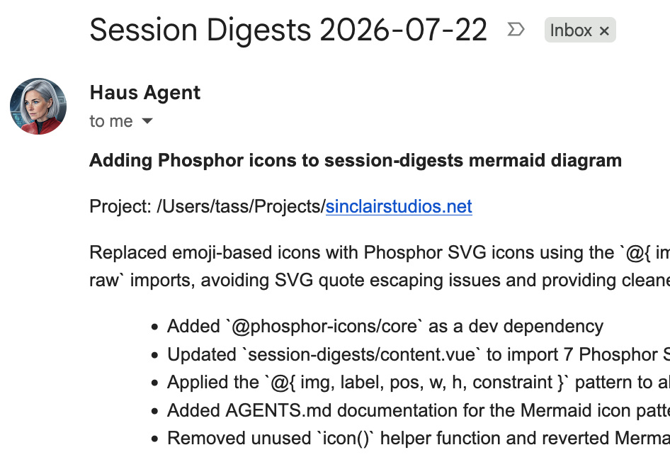 Screenshot of an email in a Gmail inbox. The email is from 'Haus Agent', and summarises a code session that occurred earlier in the day