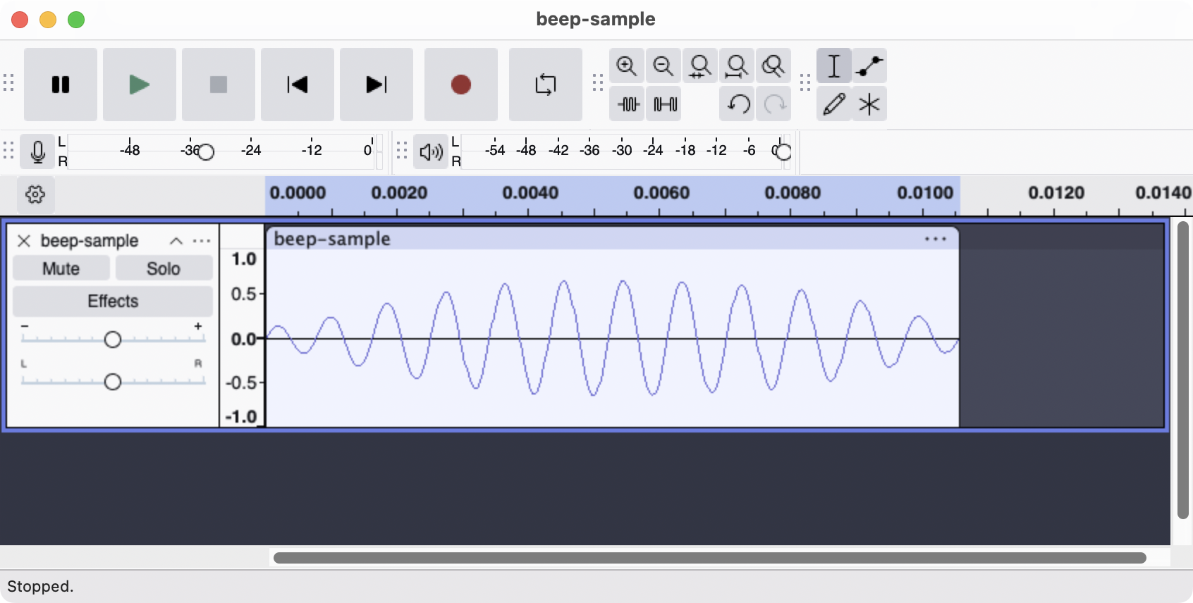A screenshot from Audacity showing a 10ms audio waveform