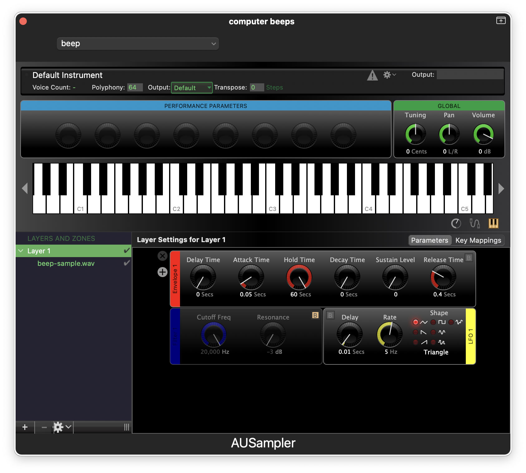 Garageband AU Sampler window, showing settings for the beep sample.